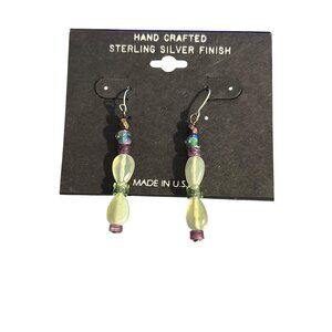 Handcrafted Sterling Silver Finish Art Glass Dangle Earrings Hook 2" New on Card